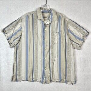 Tommy Bahama Mens Large Button Up Shirt Silk Tencel Striped Camp Vacation Cruise